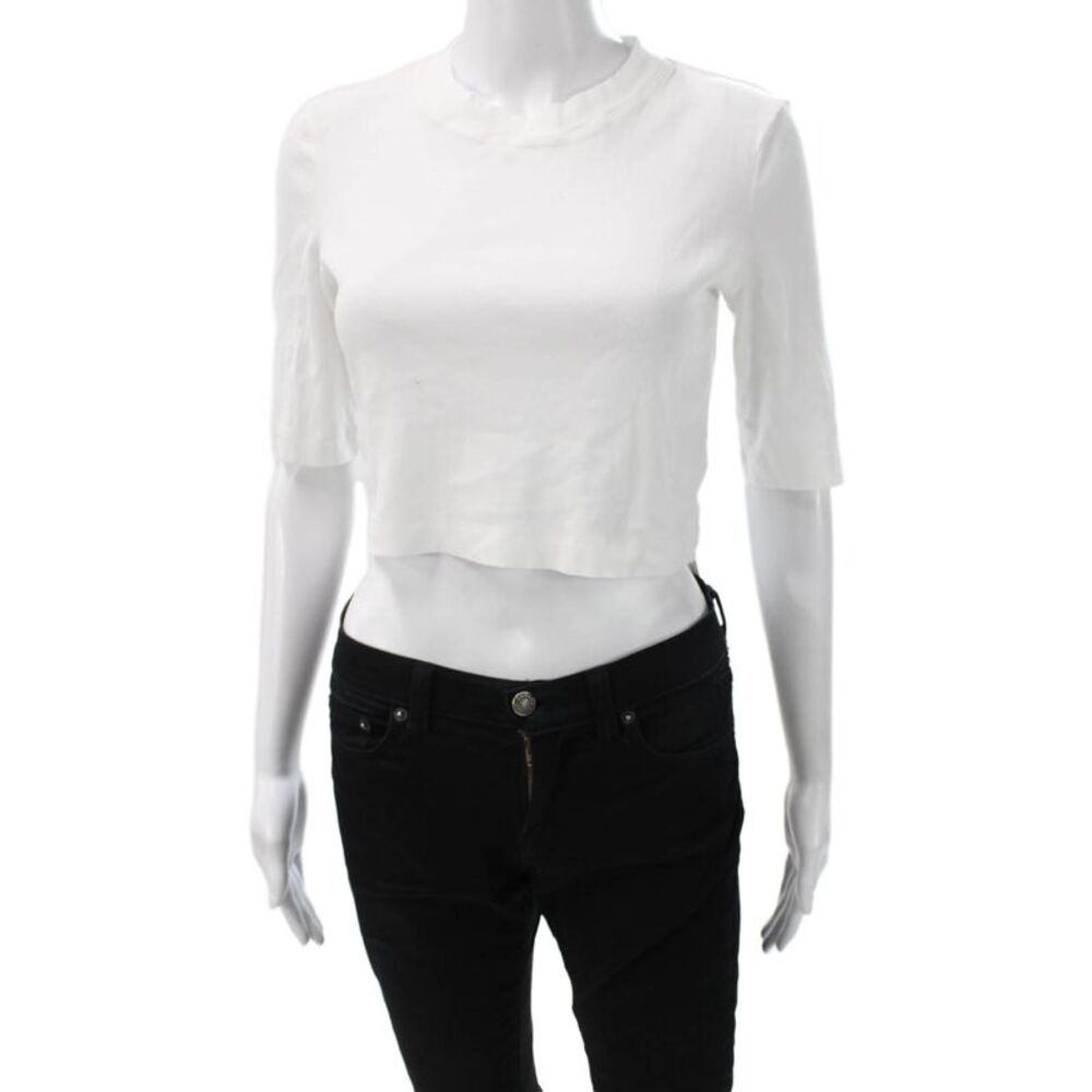 Rosetta Getty Women Cropped White Cotton 3/4 Sleeve Crew Neck T-Shirt Size M